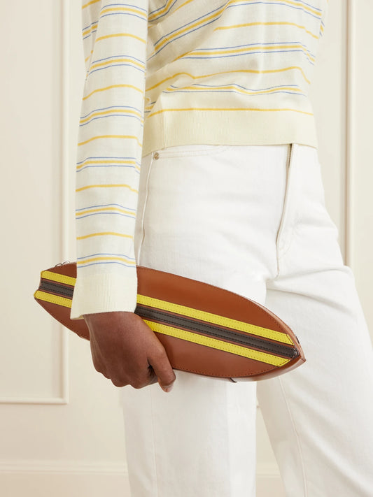 Image of Bags. Product name - Surfboard Striped Leather Clutch in Brown colour by brand - STAUD