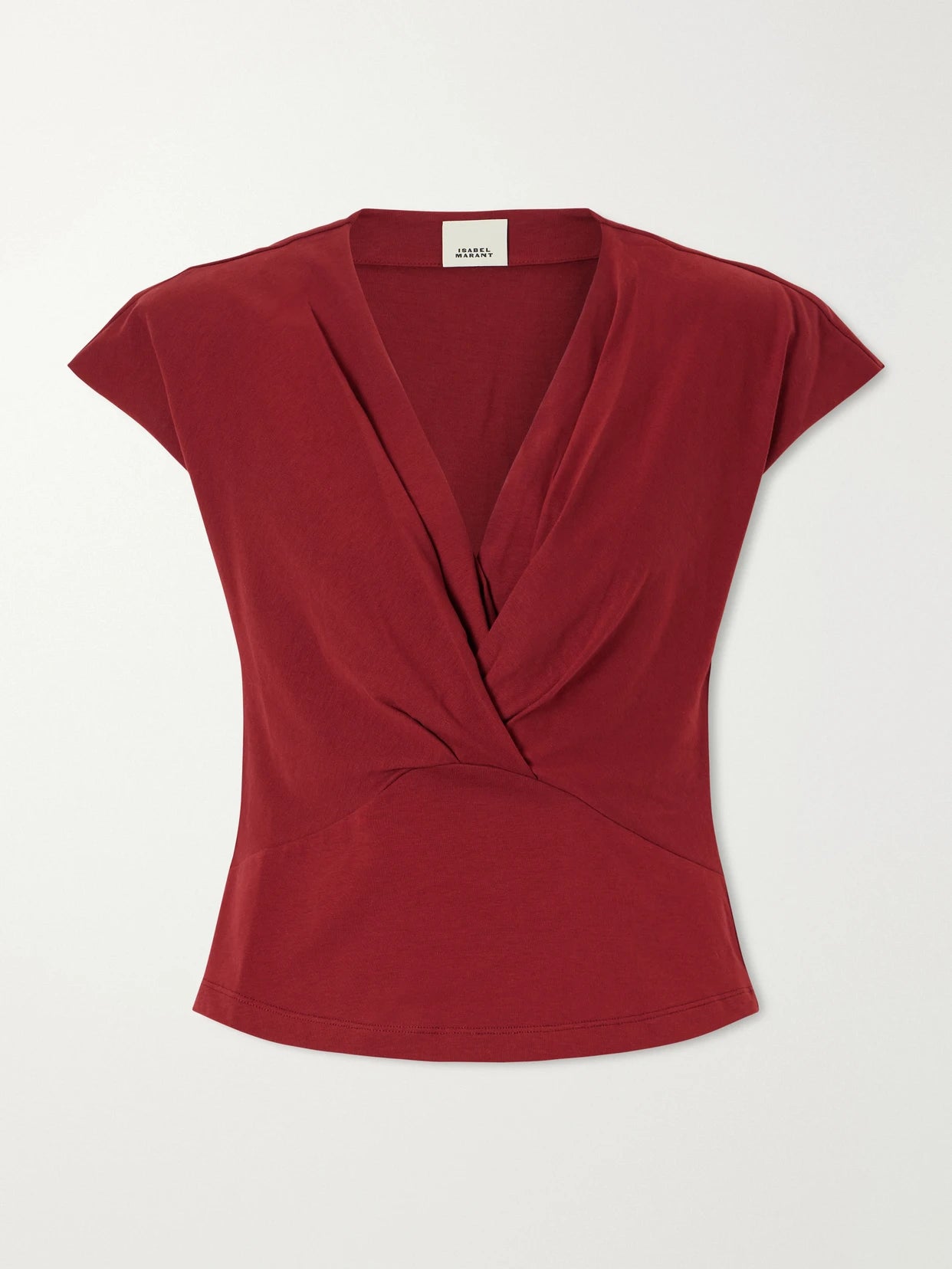 Image of a model wearing Tops. Product name - Nadrine Draped Cotton-jersey T-shirt in Burgundy colour by brand - ISABEL MARANT