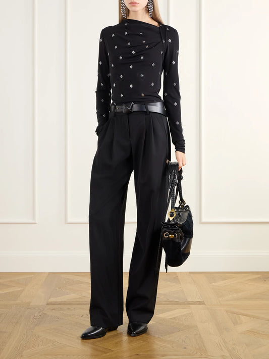 Image of a model wearing Tops. Product name - Embellished Gathered Mesh Top in Black colour by brand - ISABEL MARANT