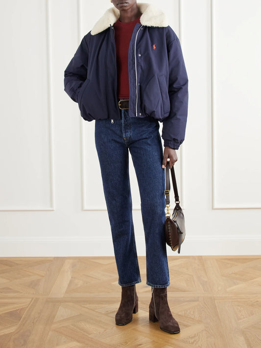 Image of Coats & Jackets. Product name - Logo-embroidered Cropped Plush-trimmed Shell Down Jacket in Navy colour by brand - Polo Ralph Lauren