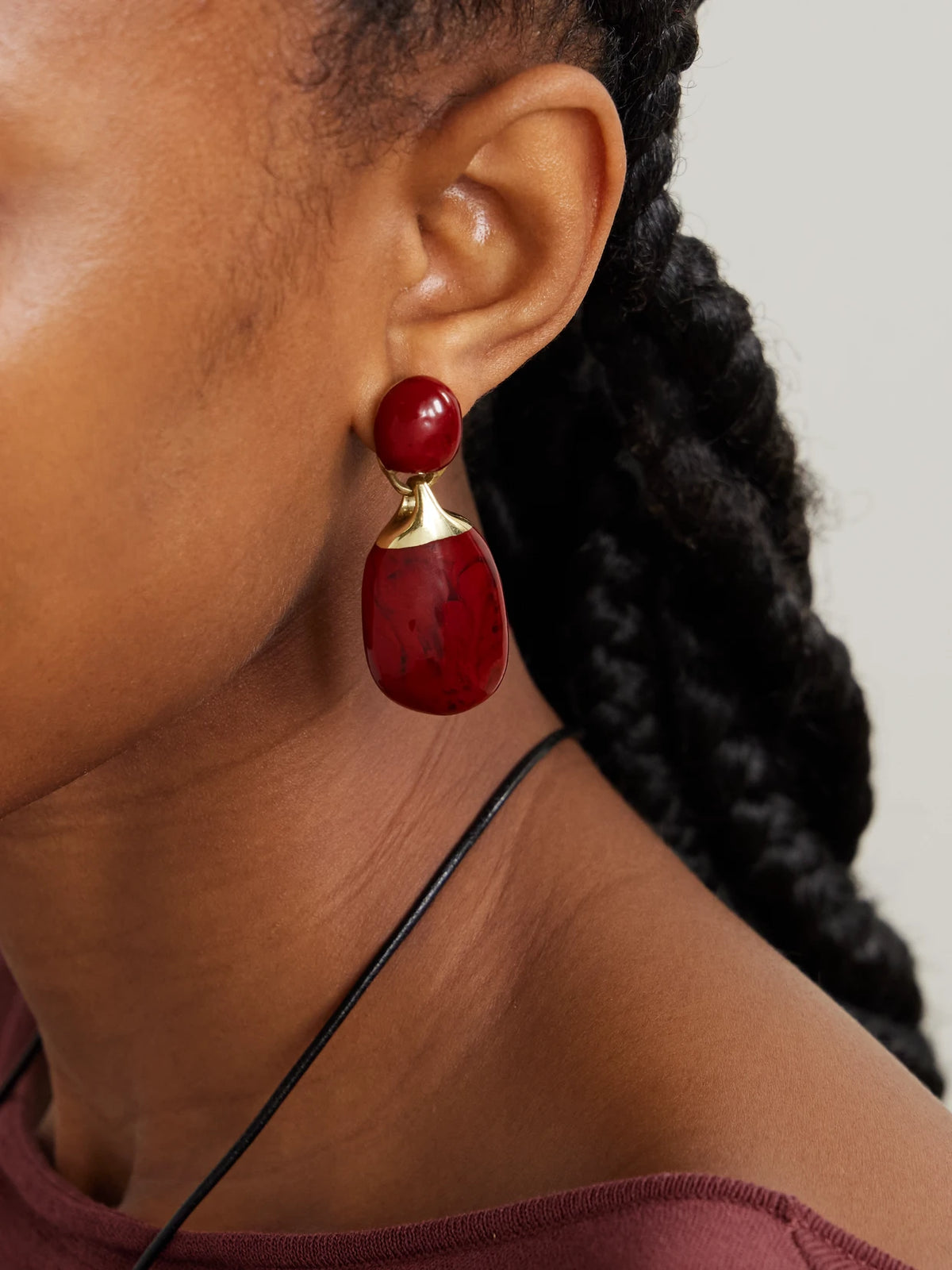 Image of Earrings. Product name - Small River Rock Gold-plated And Resin Earrings in Burgundy colour by brand - Dinosaur Designs