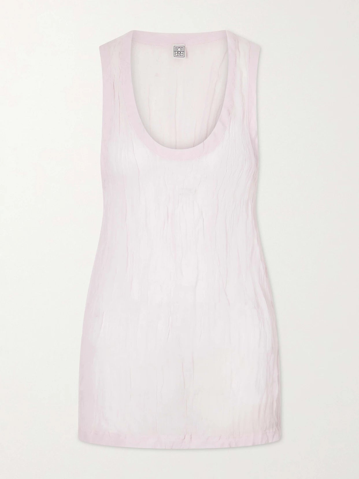 Image of a model wearing Tops. Product name - Crinkled Cotton-blend Gauze Tank in Baby pink colour by brand - TOTEME