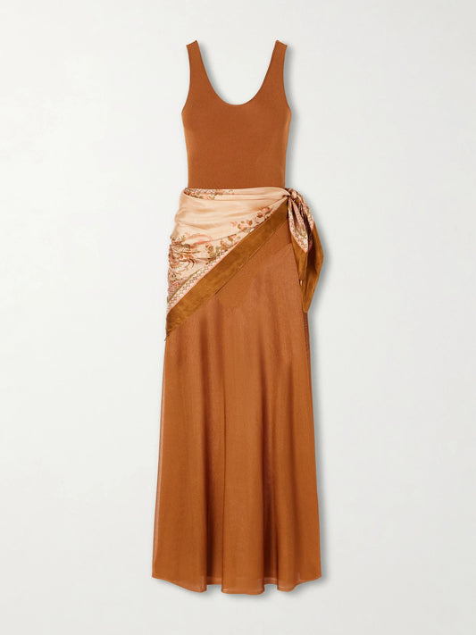 Image of Dresses. Product name - Aster Scarf Mesh Maxi Dress in Tan colour by brand - Zimmermann