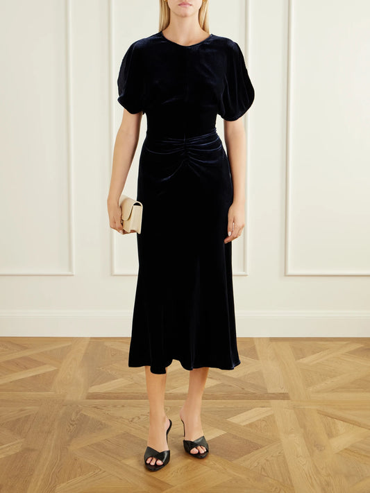 Image of Dresses. Product name - Bela Gathered Velvet Midi Dress in Navy colour by brand - Victoria Beckham