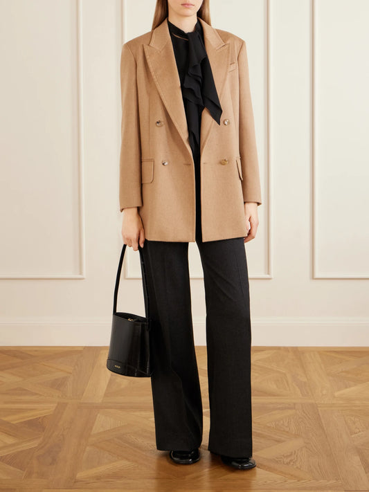 Image of a model wearing Outerwear. Product name - Olimpia Double-breasted Camel-hair Blazer in Multi colour by brand - Max Mara