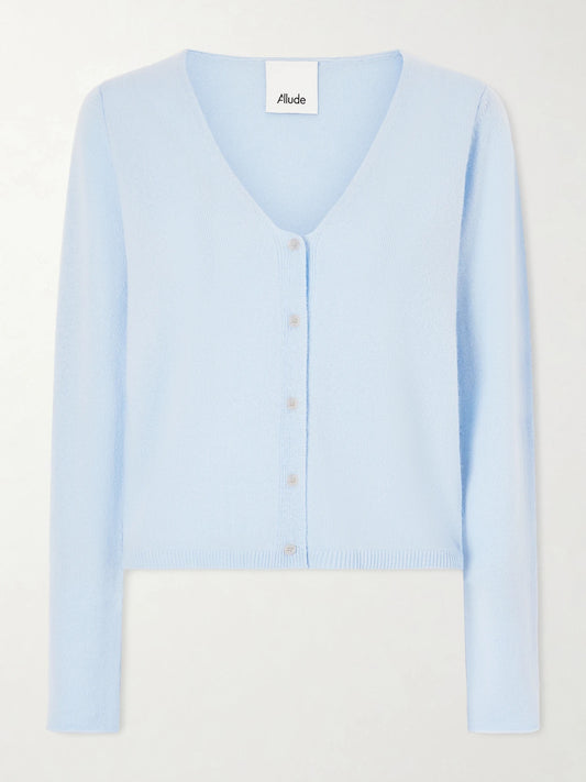 Image of a model wearing Outerwear. Product name - Cashmere Cardigan in Light blue colour by brand - Allude