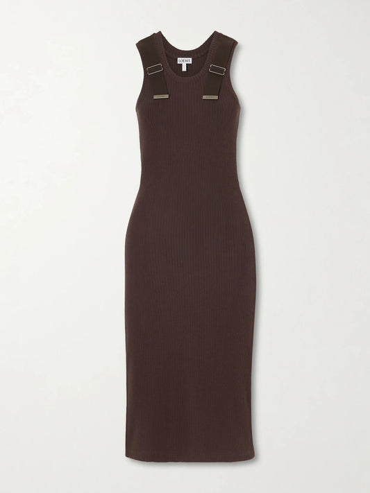 Image of Dresses. Product name - Embellished Ribbed Stretch-cotton Midi Dress in Brown colour by brand - LOEWE