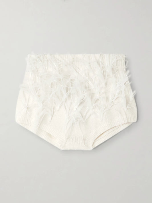 Feather-trimmed Wool-blend Shorts