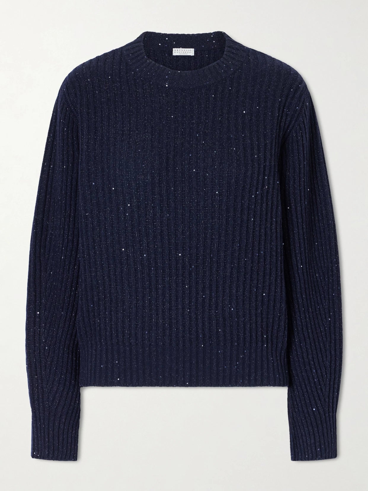 Image of a model wearing Outerwear. Product name - Sequin-trimmed Ribbed-knit Sweater in Navy colour by brand - Brunello Cucinelli