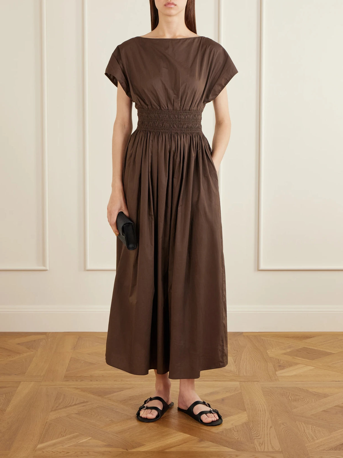 Image of Dresses. Product name - Shirred Organic Cotton-poplin Maxi Dress in Chocolate colour by brand - Matteau
