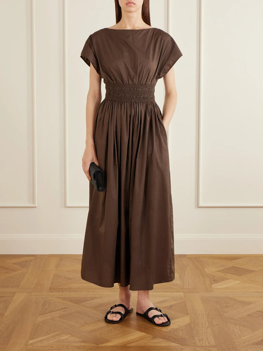 Image of Dresses. Product name - Shirred Organic Cotton-poplin Maxi Dress in Chocolate colour by brand - Matteau