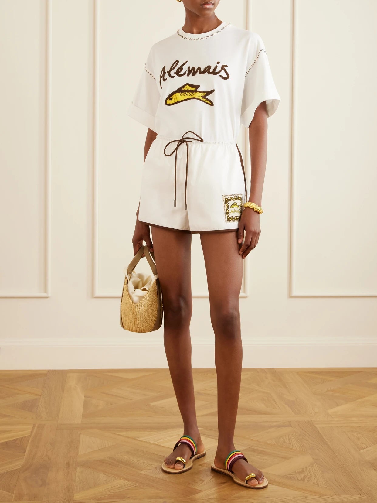 Image of T-Shirts. Product name - Scuba Embroidered Cotton-jersey T-shirt in Ivory colour by brand - ALÉMAIS