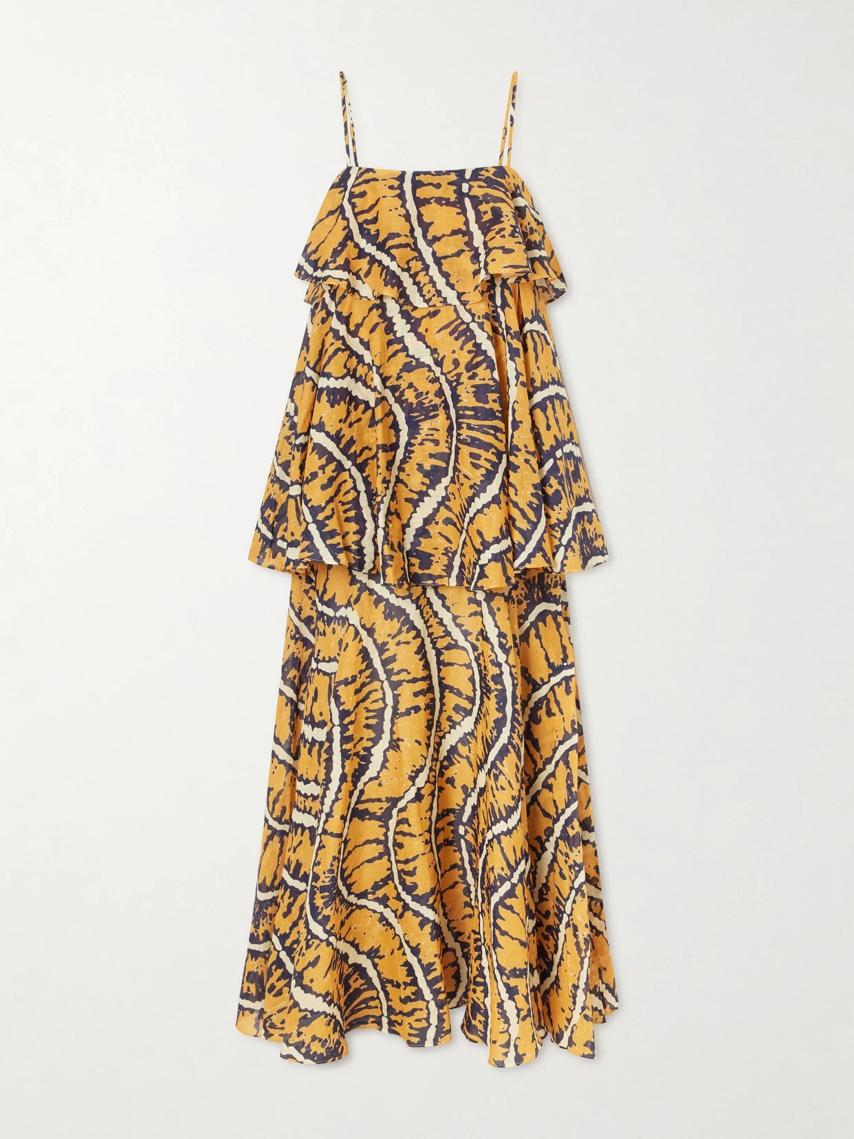 Image of Dresses. Product name - Ripple Tiered Printed Ramie Maxi Dress in Yellow colour by brand - ALÉMAIS
