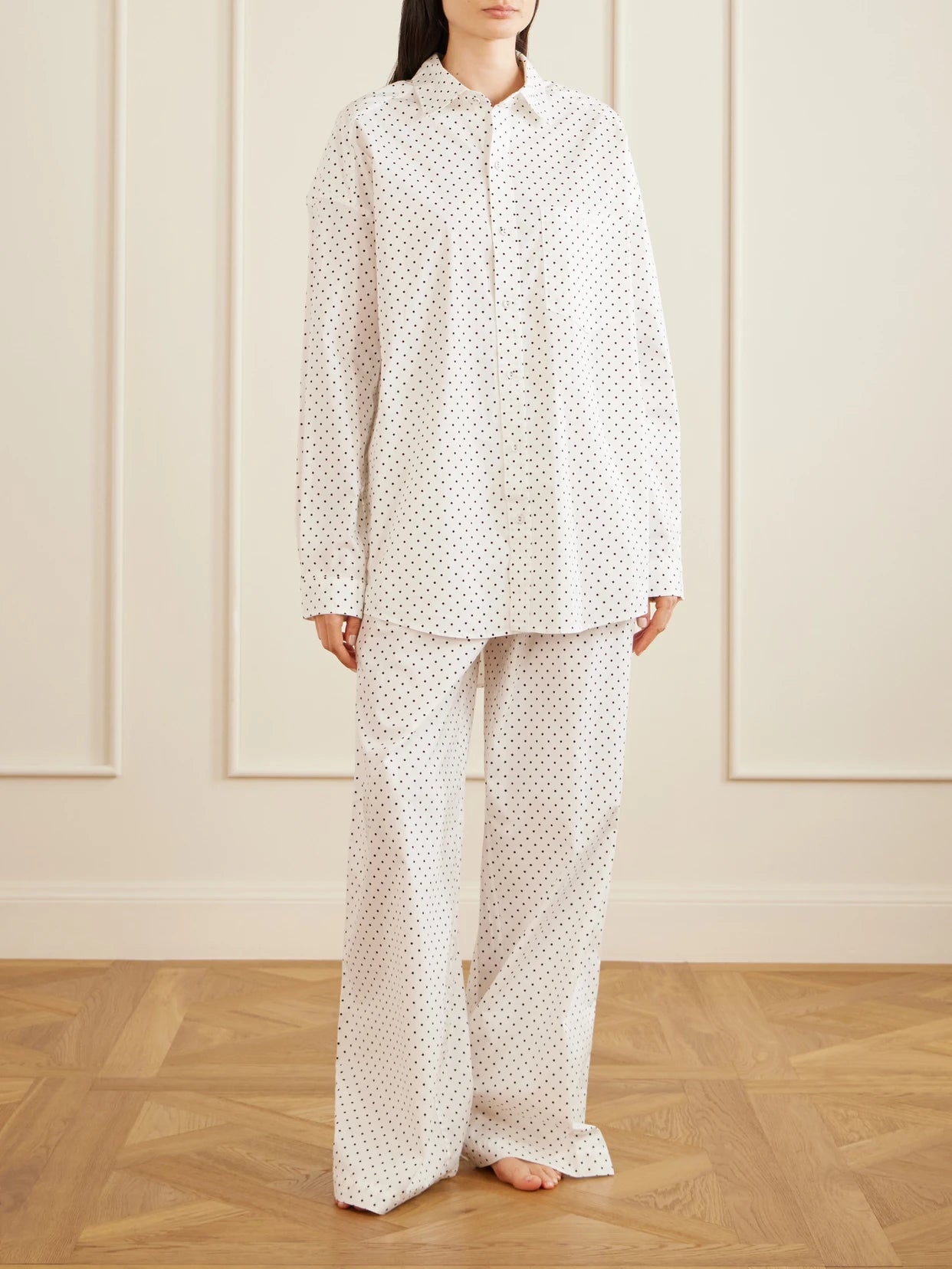 Image of Lingerie. Product name - Polka-dot Cotton-blend Poplin Pajama Set in Light blue colour by brand - SKIMS
