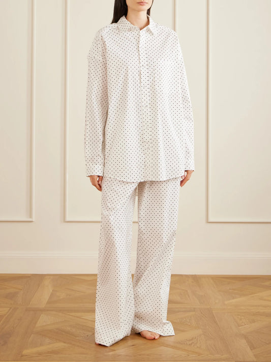 Image of Lingerie. Product name - Polka-dot Cotton-blend Poplin Pajama Set in Light blue colour by brand - SKIMS