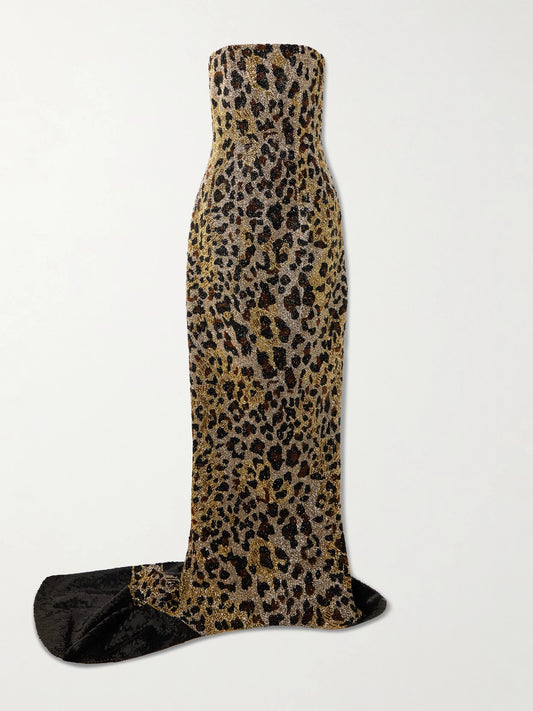 Image of Dresses. Product name - Naomi Strapless Embellished Leopard-print Satin Gown in Leopard print colour by brand - Clio Peppiatt
