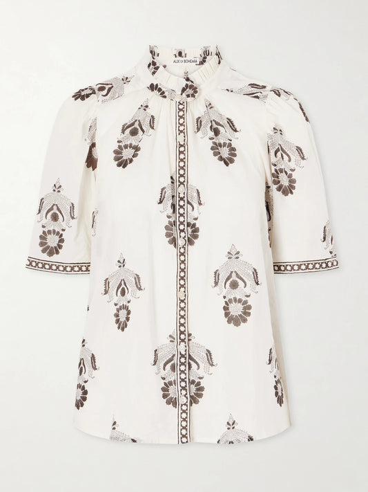 Image of a model wearing Tops. Product name - Winnie Java Cactus Printed Cotton-voile Shirt in Off-white colour by brand - ALIX OF BOHEMIA