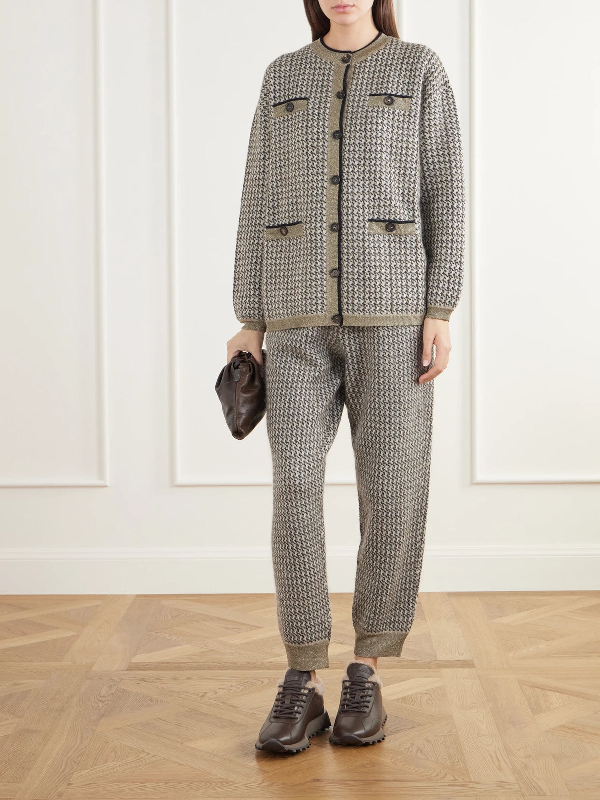 Image of Sneakers. Product name - Shearling-trimmed Leather Sneakers in Dark brown colour by brand - Brunello Cucinelli