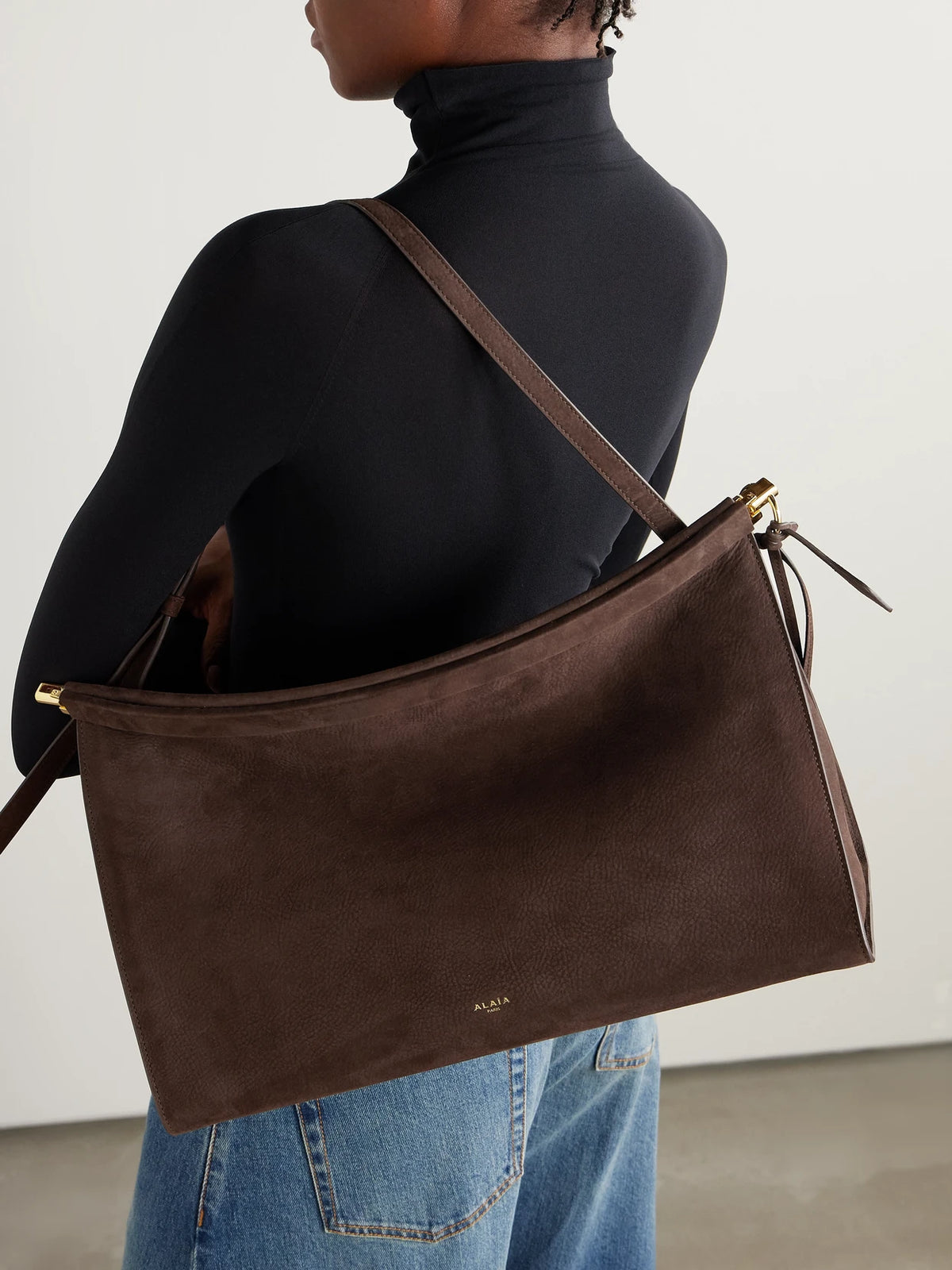 Image of Bags. Product name - Le Click Large Nubuck Shoulder Bag in Brown colour by brand - Alaïa