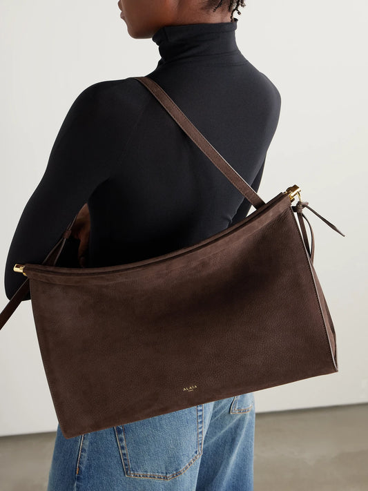 Image of Bags. Product name - Le Click Large Nubuck Shoulder Bag in Brown colour by brand - Alaïa