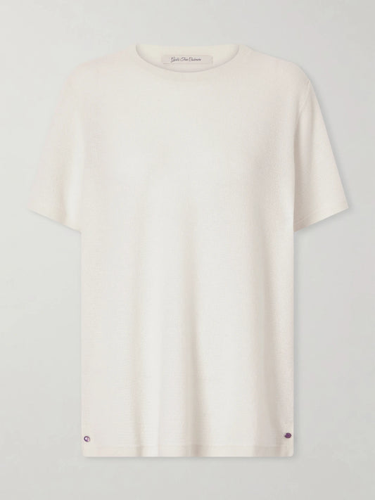 Image of a model wearing Tops. Product name - Signature Knitted Cashmere T-shirt in Gray colour by brand - God's True Cashmere