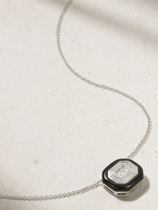 Oui 18-karat White Gold, Diamond And Enamel Necklace