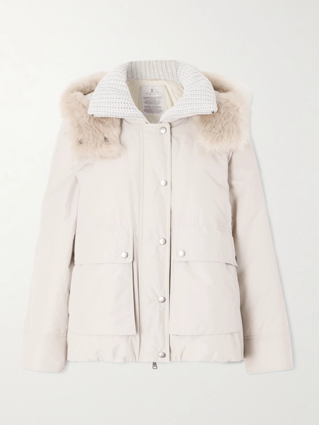 Image of Coats & Jackets. Product name - Hooded Ribbed-knit And Shearling-trimmed Bead-embellished Padded Shell Down Jacket in Light gray colour by brand - Brunello Cucinelli