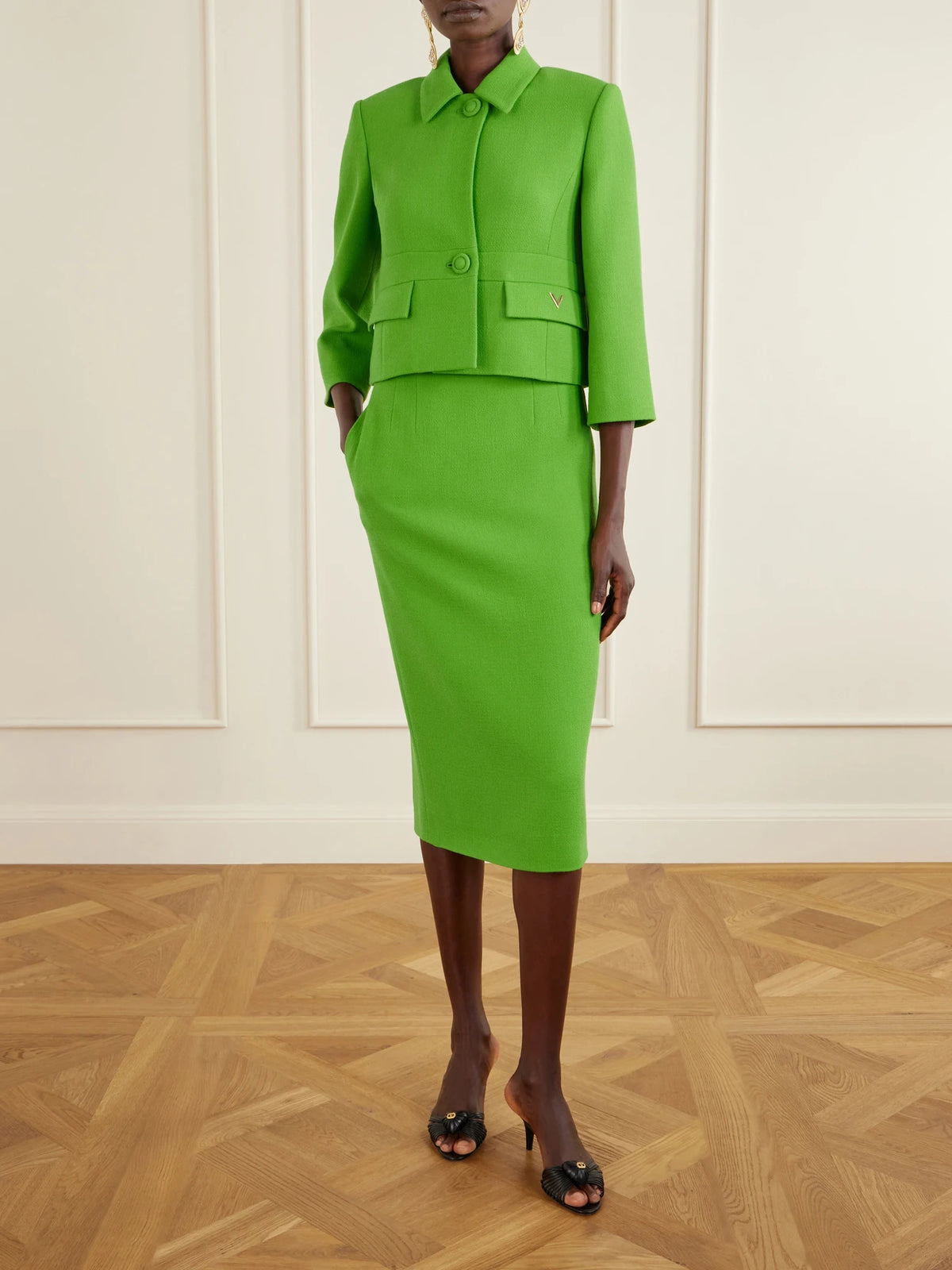 Image of Coats & Jackets. Product name - Cropped Wool-crepe Jacket in Bright green colour by brand - Valentino Garavani