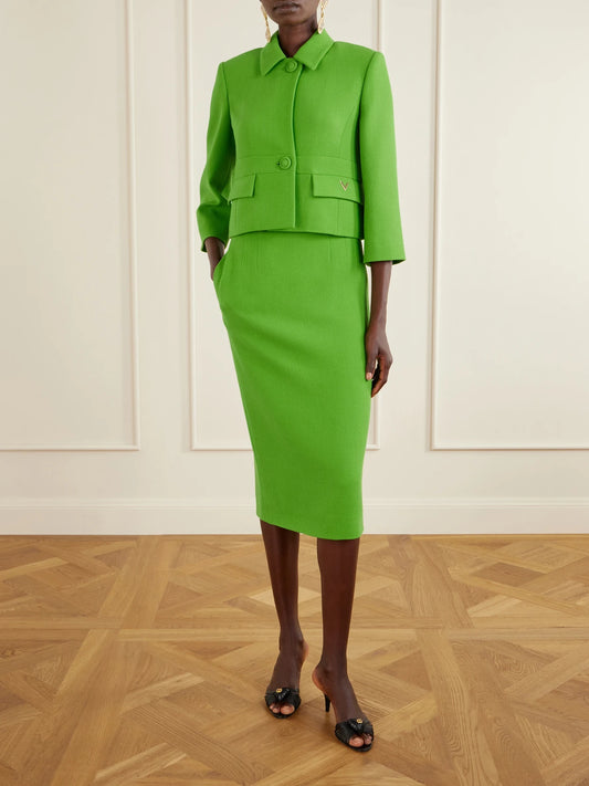 Image of Coats & Jackets. Product name - Cropped Wool-crepe Jacket in Bright green colour by brand - Valentino Garavani