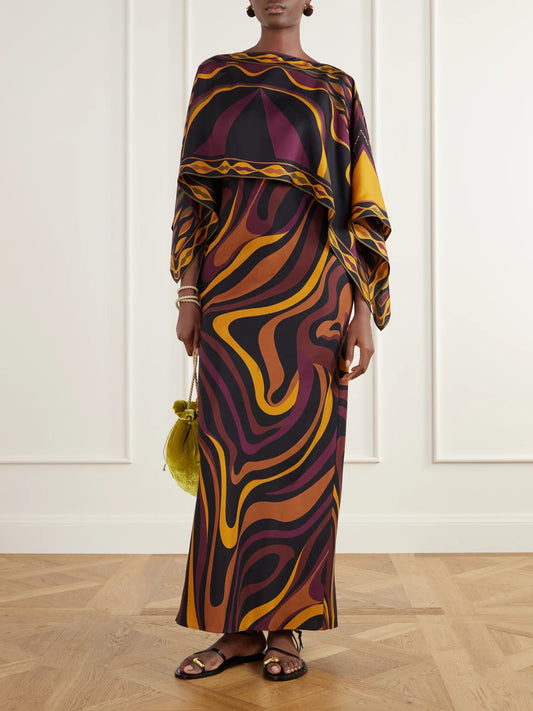 Image of Dresses. Product name - Cape-detailed Printed Silk-twill Maxi Dress in Multi colour by brand - PUCCI