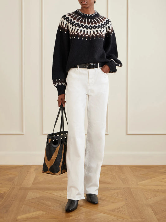 Image of a model wearing Outerwear. Product name - Field Fair Isle Wool-blend Sweater in Multi colour by brand - DÔEN