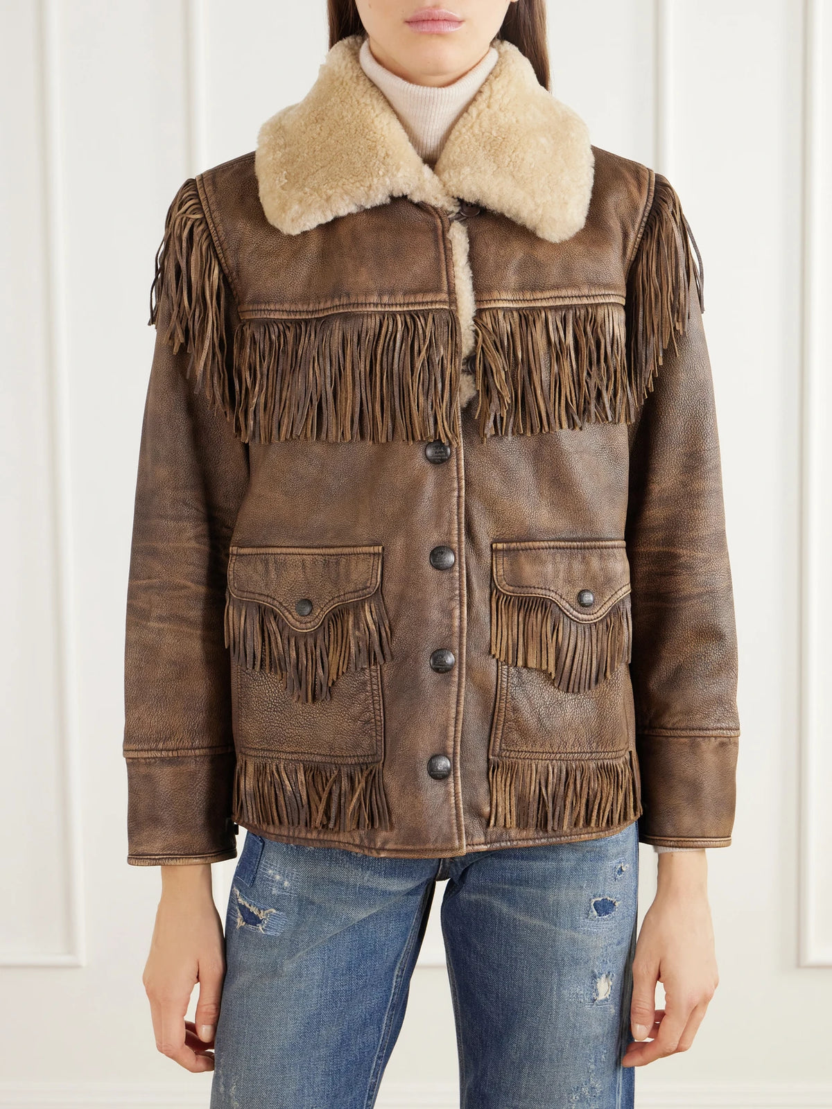 RRL Fringed Shearling-trimmed Leather Jacket