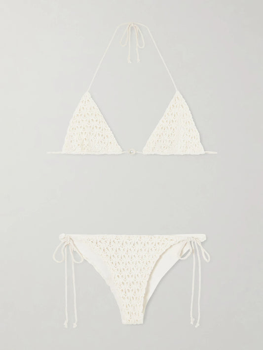 Image of Swimwear. Product name - Pearl Crocheted Cotton Triangle Bikini in Ecru colour by brand - Sara Cristina