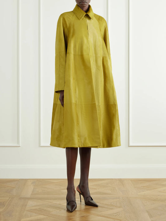 Image of Coats & Jackets. Product name - Paneled Calf Hair Trench Coat in Chartreuse colour by brand - Alaïa