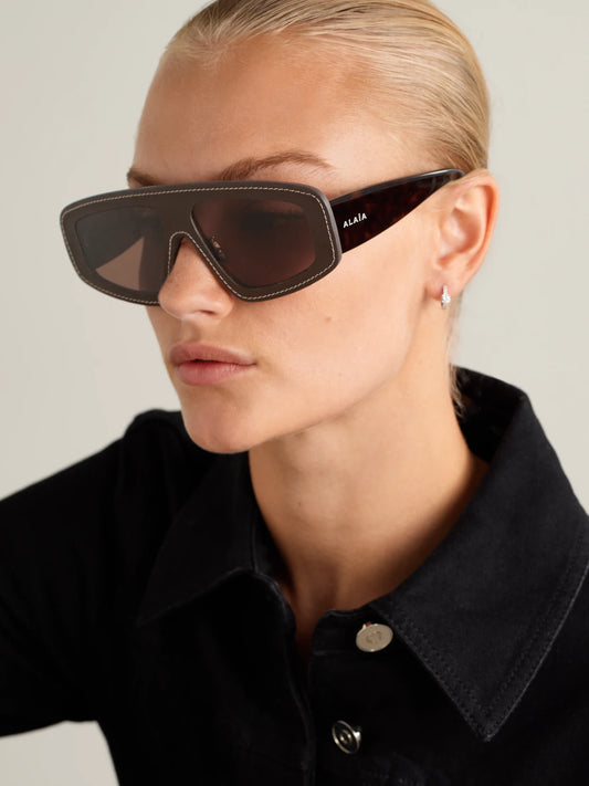 Image of Sunglasses. Product name - Mask D-frame Leather And Tortoiseshell Acetate Sunglasses in Multi colour by brand - Alaïa