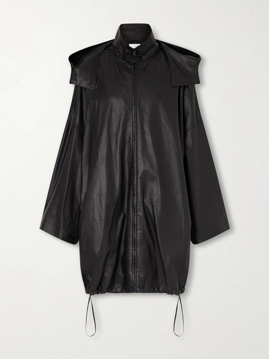 Image of Coats & Jackets. Product name - Cassandre Leather Hooded Coat in Black colour by brand - The Row