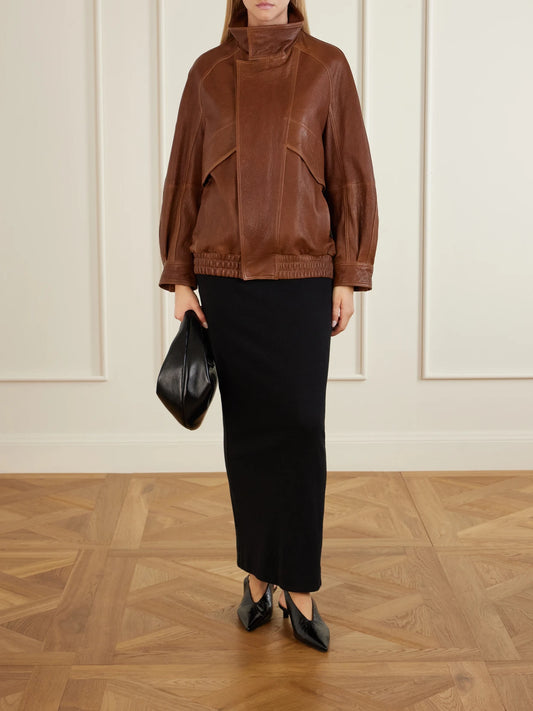 Image of Coats & Jackets. Product name - Ariste Oversized Paneled Leather Jacket in Brick colour by brand - Nour Hammour