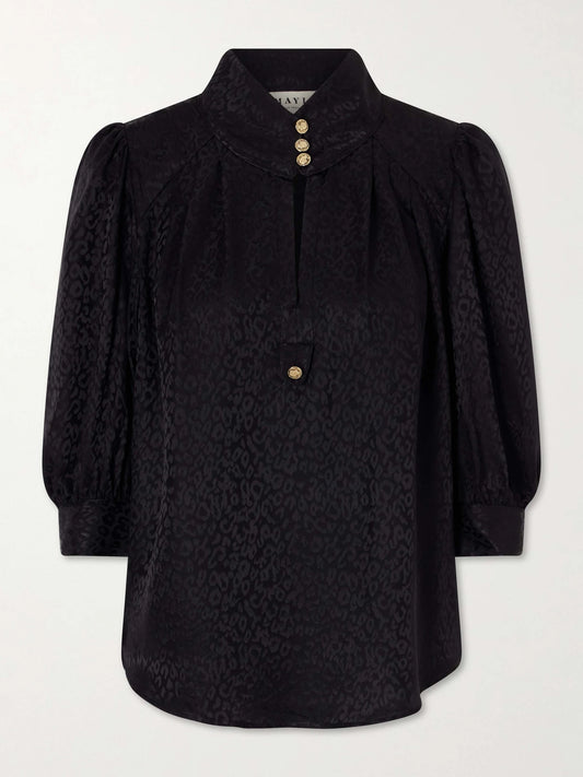 Image of a model wearing Tops. Product name - Papisoleil Silk-satin Jacquard Blouse in Black colour by brand - MAISON MAYLE
