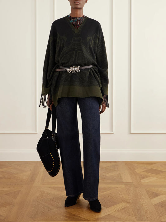 Image of Coats & Jackets. Product name - Fringe-trimmed Wool Poncho in Dark green colour by brand - Etro