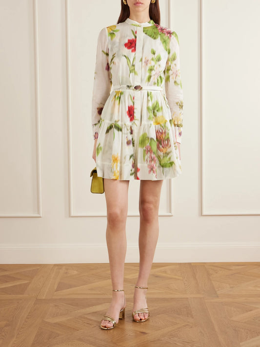Image of Dresses. Product name - Belted Floral-print Cotton-voile Mini Dress in White colour by brand - Oscar de la Renta