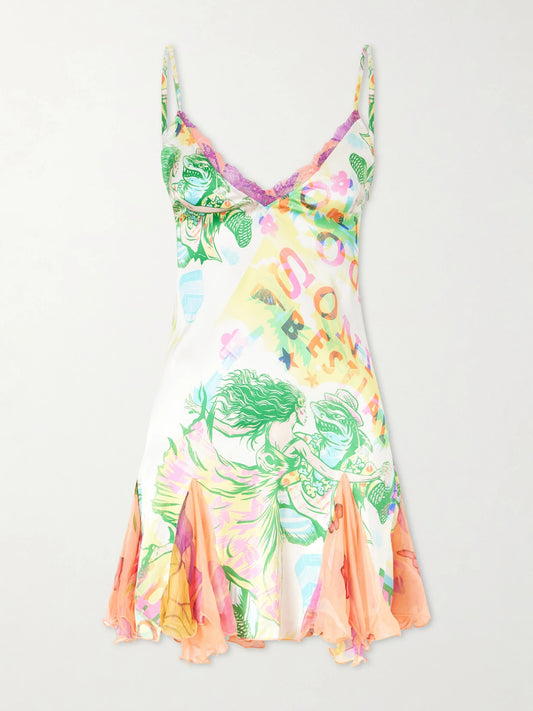 Image of Dresses. Product name - Sonido Bestial Ruffled Lace-trimmed Printed Silk-blend Satin And Chiffon Mini Dress in Multi colour by brand - Donde Esteban