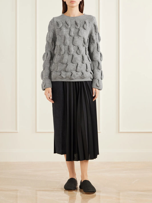 Image of a model wearing Outerwear. Product name - Cable-knit Wool Sweater in Gray colour by brand - Comme des Garçons Comme des Garçons