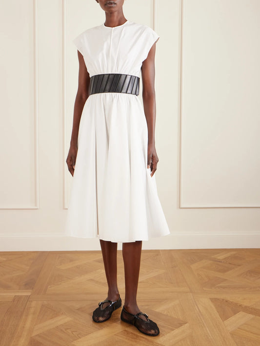 Image of Dresses. Product name - Belted Cotton-poplin Midi Dress in White colour by brand - Alaïa