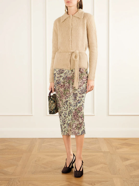 Image of a model wearing Outerwear. Product name - Belted Alpaca And Merino Wool-blend Cardigan in Ecru colour by brand - Dries Van Noten