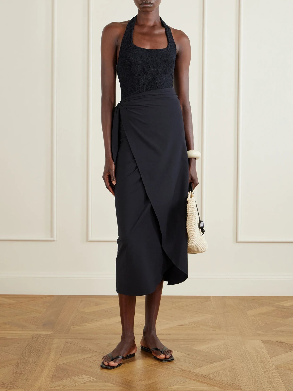 Image of Swimwear. Product name - Stretch-jersey Wrap Sarong in Black colour by brand - Hunza G