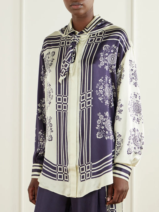 ALÉMAIS Banderra Scarf-detailed Printed Silk-satin Shirt