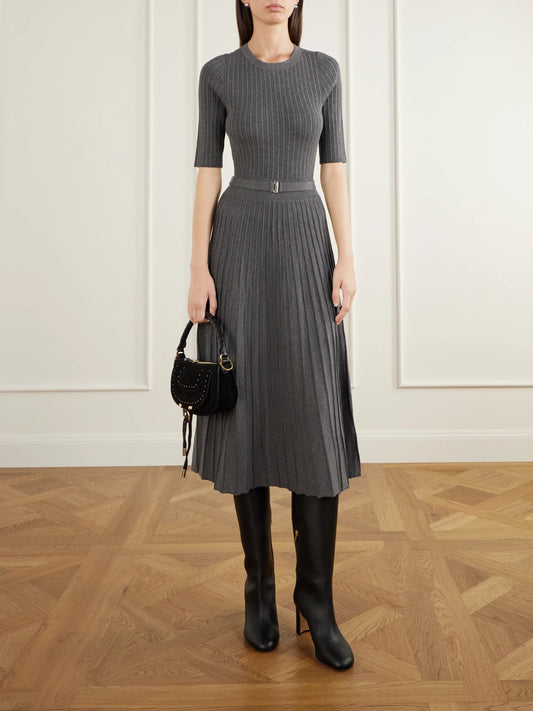 Image of Dresses. Product name - Elthea Belted Pleated Ribbed-knit Midi Dress in Gray colour by brand - Veronica Beard