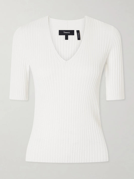 Image of a model wearing Tops. Product name - Pointelle-knit Crepe T-shirt in White colour by brand - Theory