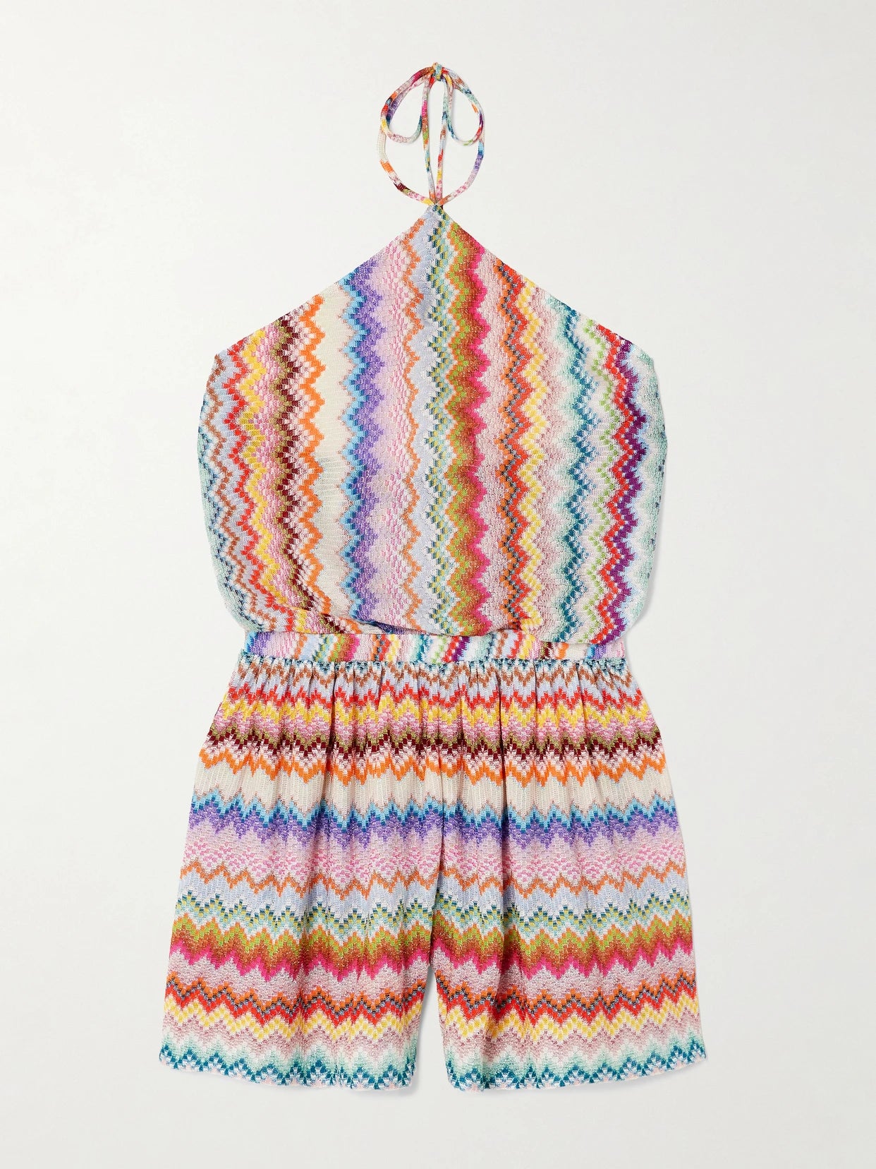 Image of Bodysuits. Product name - Mare Striped Metallic Crochet-knit Halterneck Playsuit in Multi colour by brand - Missoni