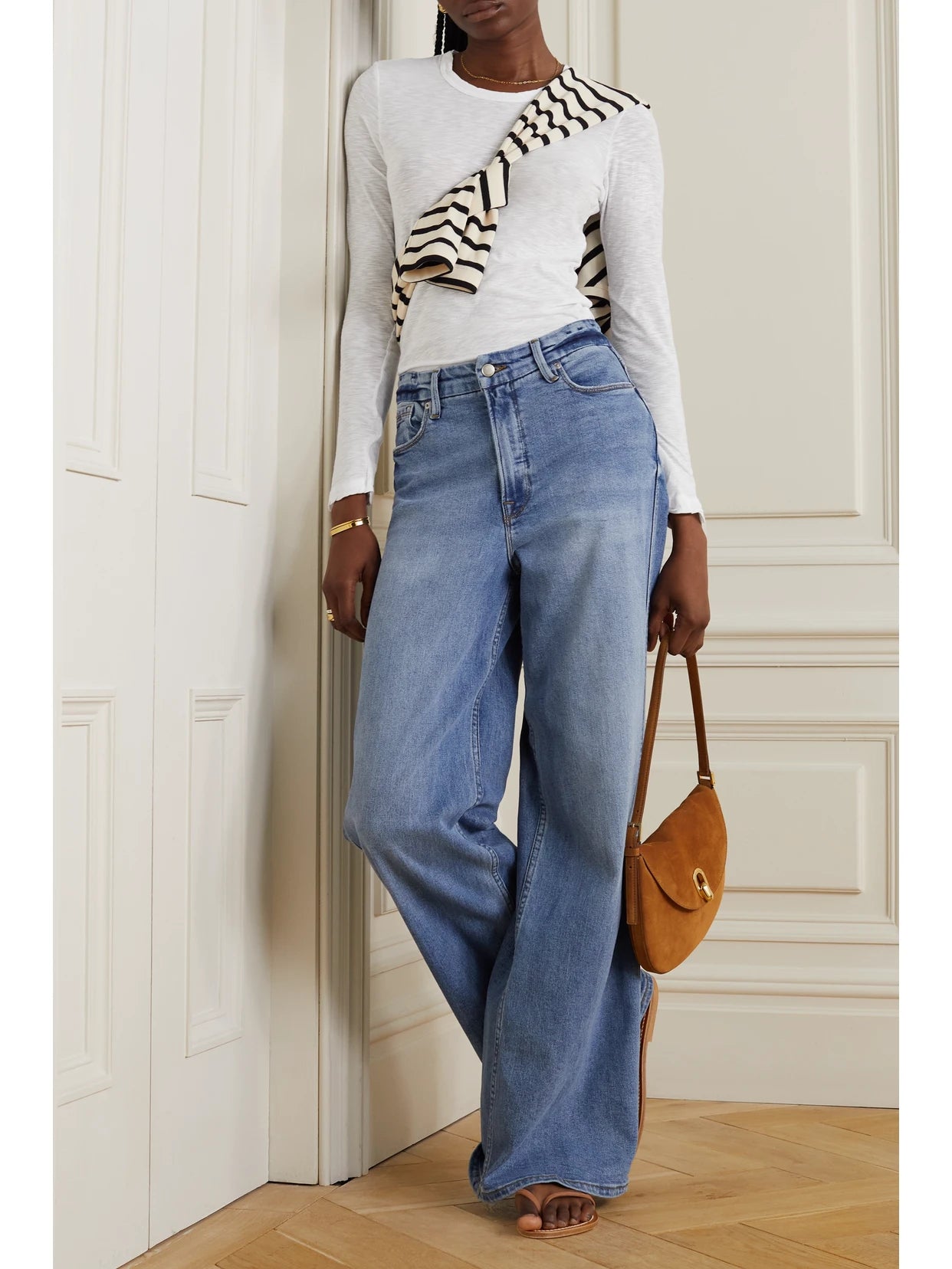 Image of a model wearing Tops. Product name - Slub Cotton Top in White colour by brand - James Perse